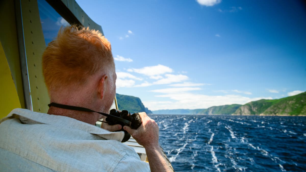 Homme regarde le fjord du Saguenay avec une paire de jumelles.