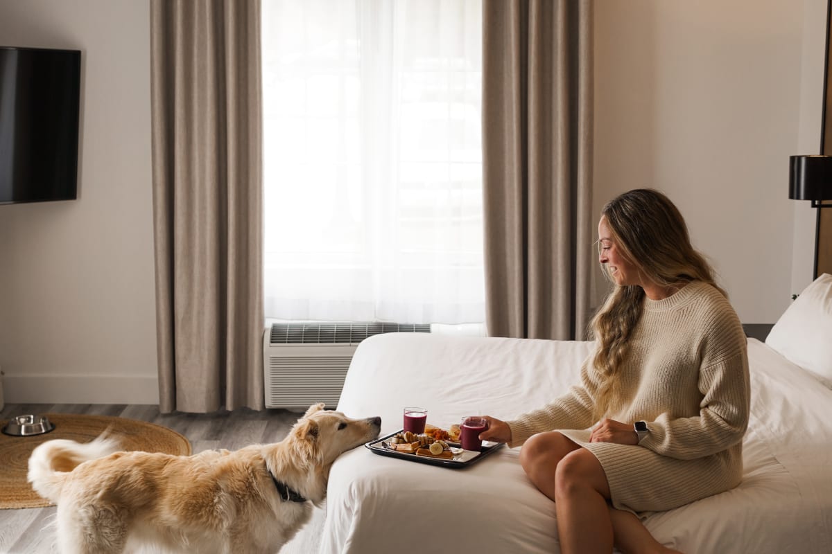 Femme et chien dans la chambre d'hôtel au Ax Hôtel Mont-Tremblant.