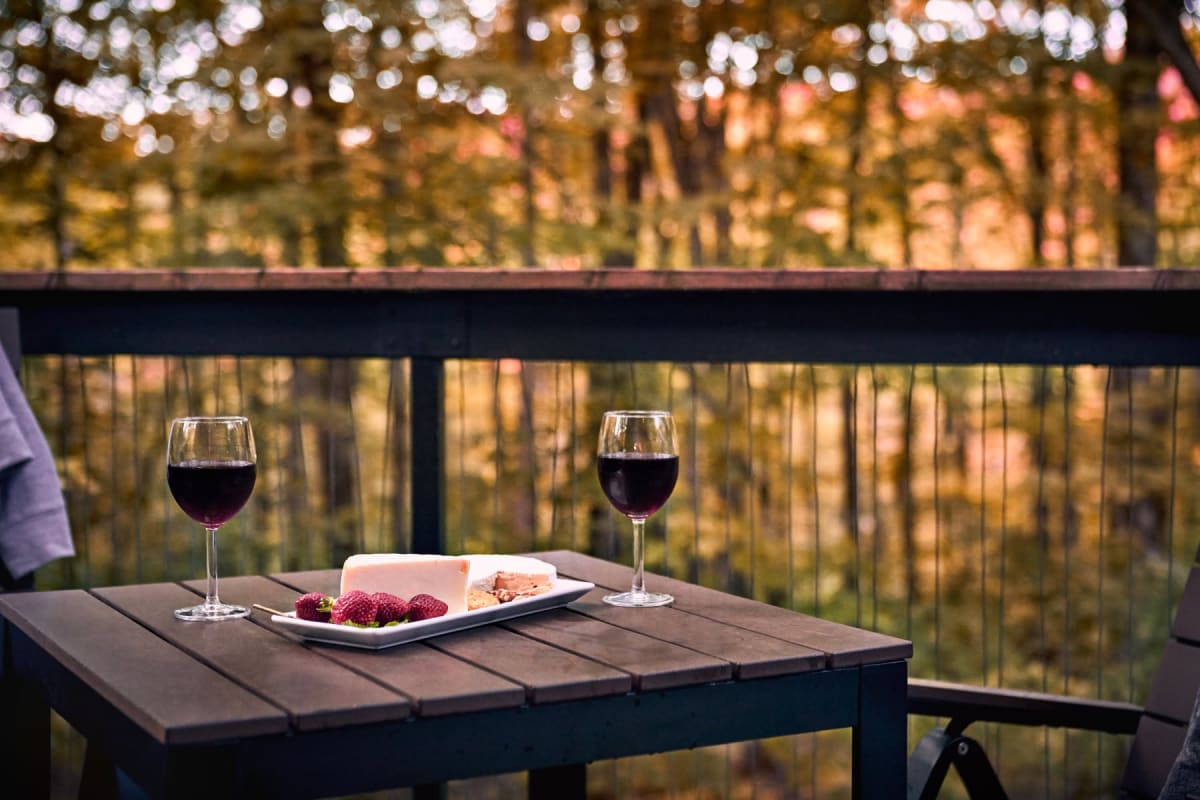 Deux verres de vin et une assiette sur la terrasse d'un chalet chez Cabin Sutton.