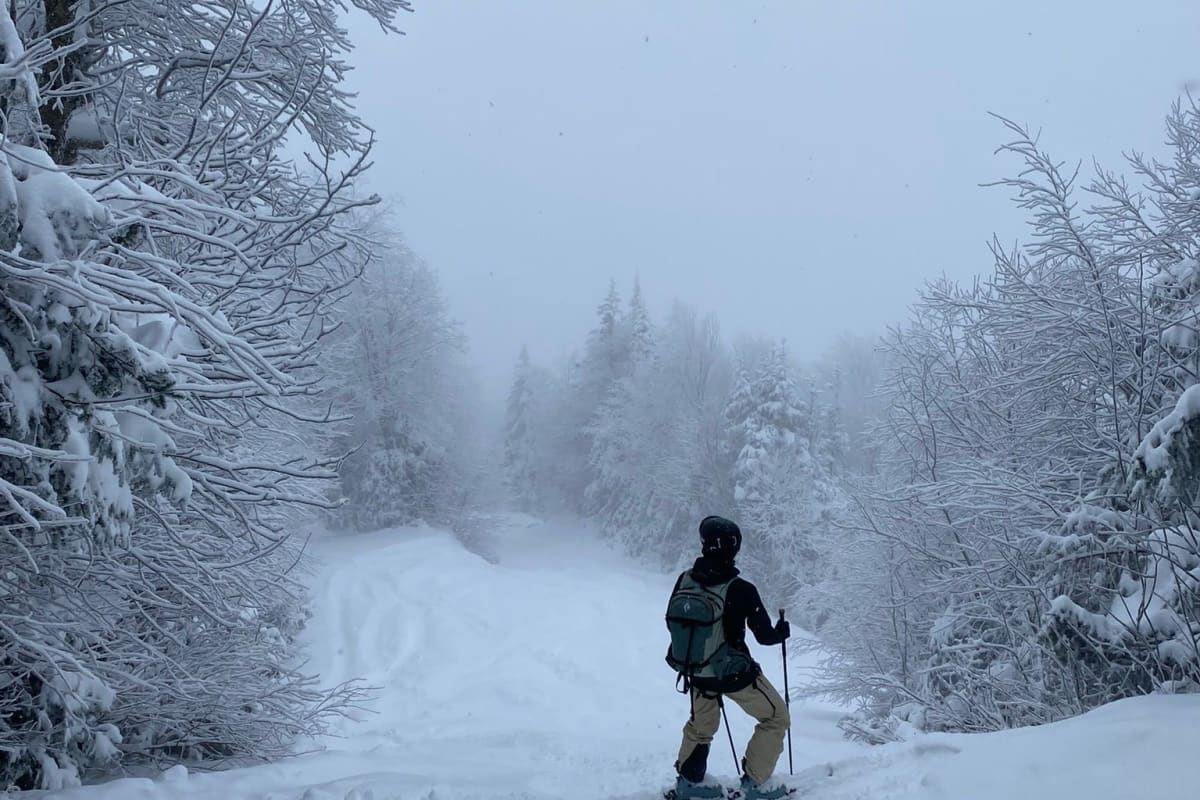 Personne en ski alpin sur une pente très enneigée.