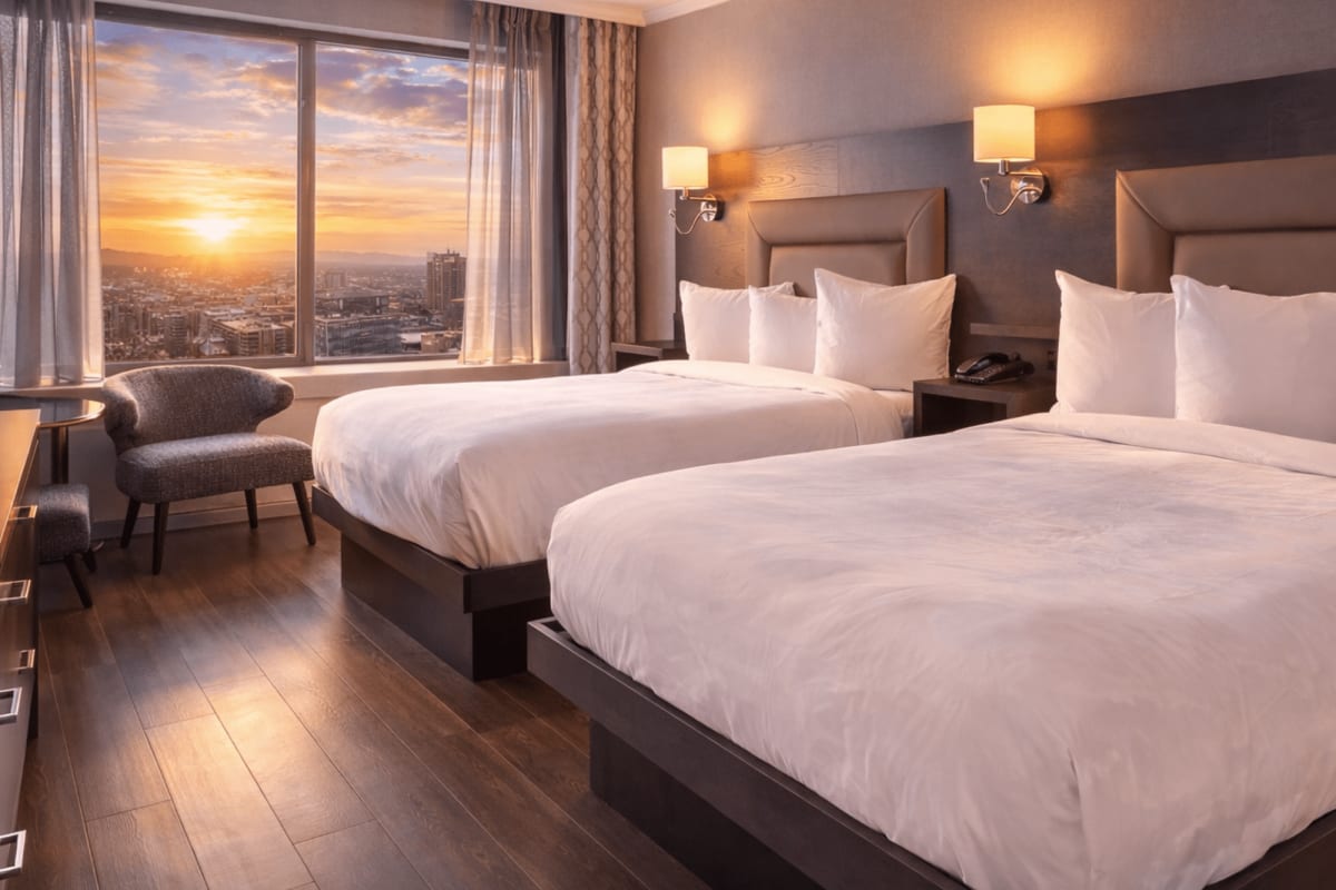 Chambre et coucher de soleil à la fenêtre, Hôtel Le Concorde.