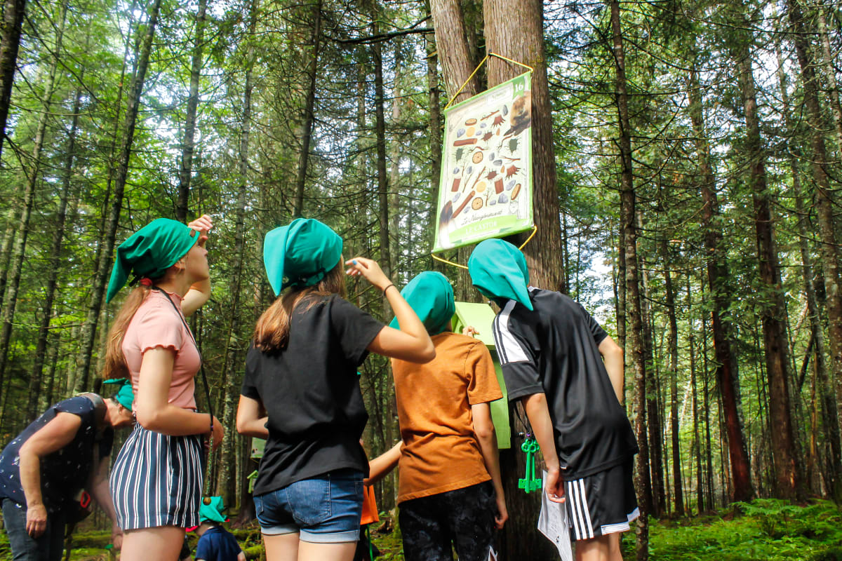 Enfants avec des chapeaux de gnomes en chasse au trésors dans la forêt.