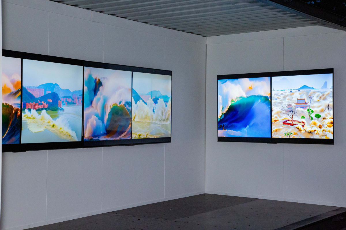 Light-up screens displaying paintings at the MUTEK Festival—“For You I Will Be An Island” by Chun Hua Catherine Dong