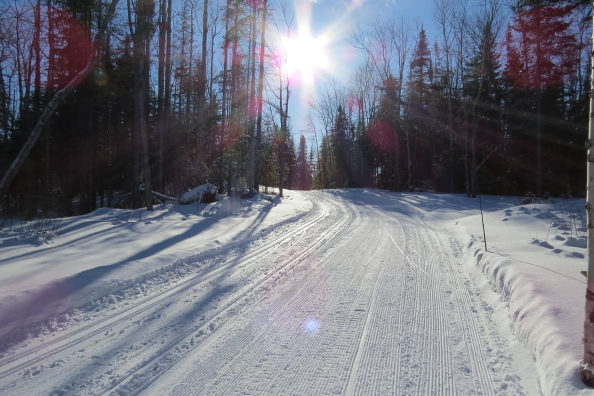 Large piste de ski de fond sous un soleil brillant.