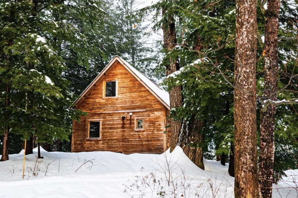 Chalet en bois entouré d'arbre en hiver chez Huttopia - Les Deux Lacs