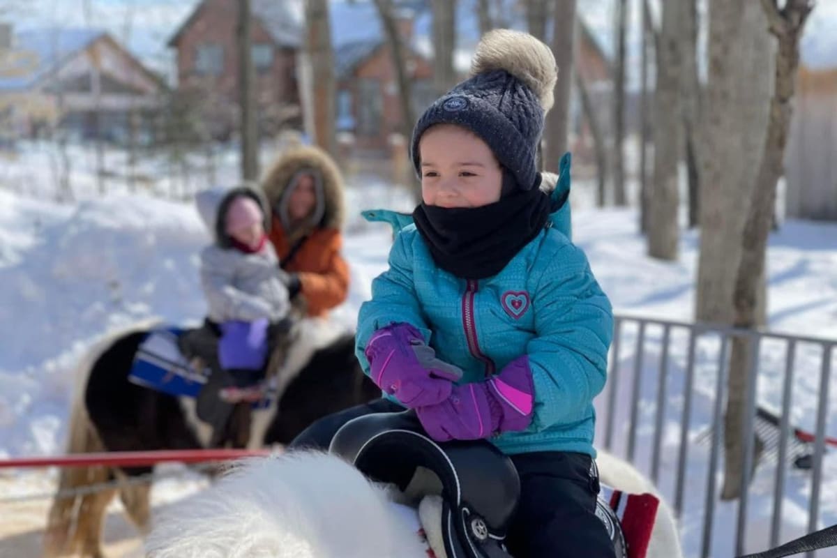 Fillette en tour de carrousel en poney. 
