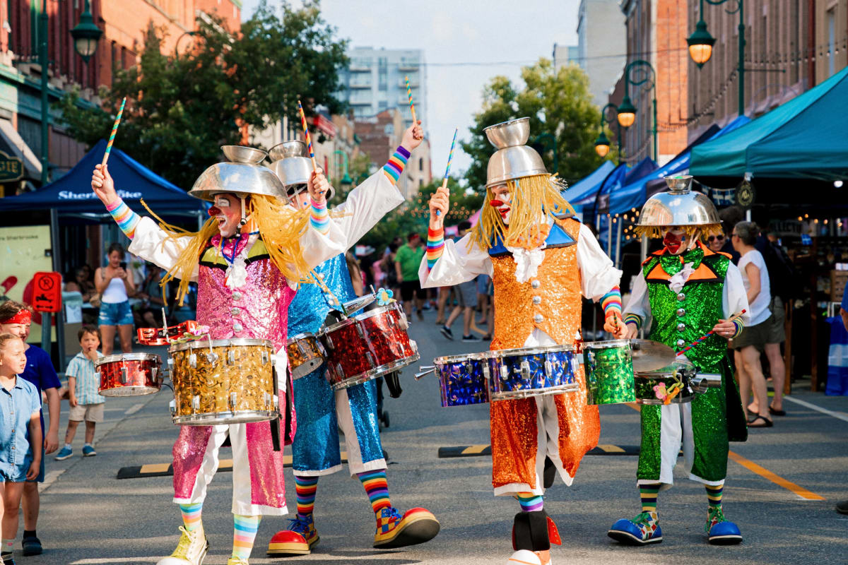 Street performers during Quebec’s National Holiday celebrations in Sherbrooke.