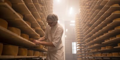 Fromager avec des centaines de fromages sur des tablettes