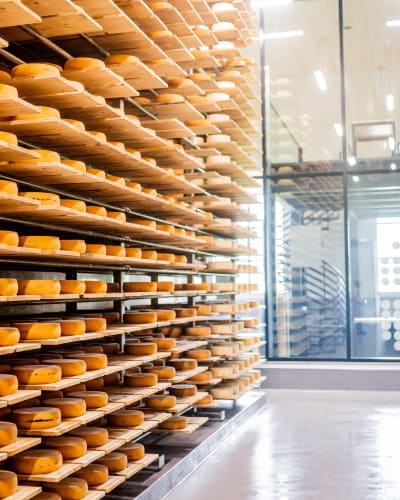 Fromagerie La Station - Shelves filled with cheese.