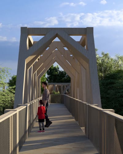 Enfant et parent sur une passerelle à la La Place des Sommets.