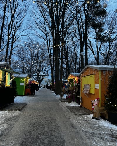 Le Marché de Noël du Vieux-Saint-Eustache illuminé en soirée.