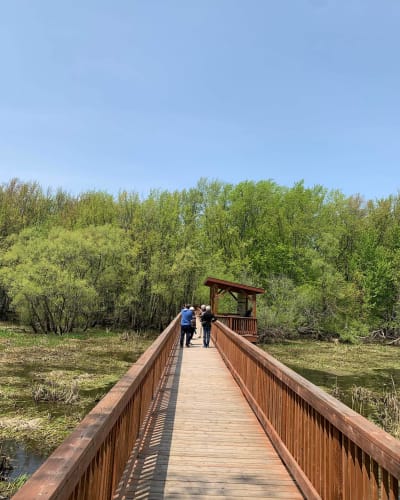 Randonneurs sur la passerelle en bois.