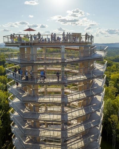 Aerial view of the tower at Sentier des cimes Laurentides.