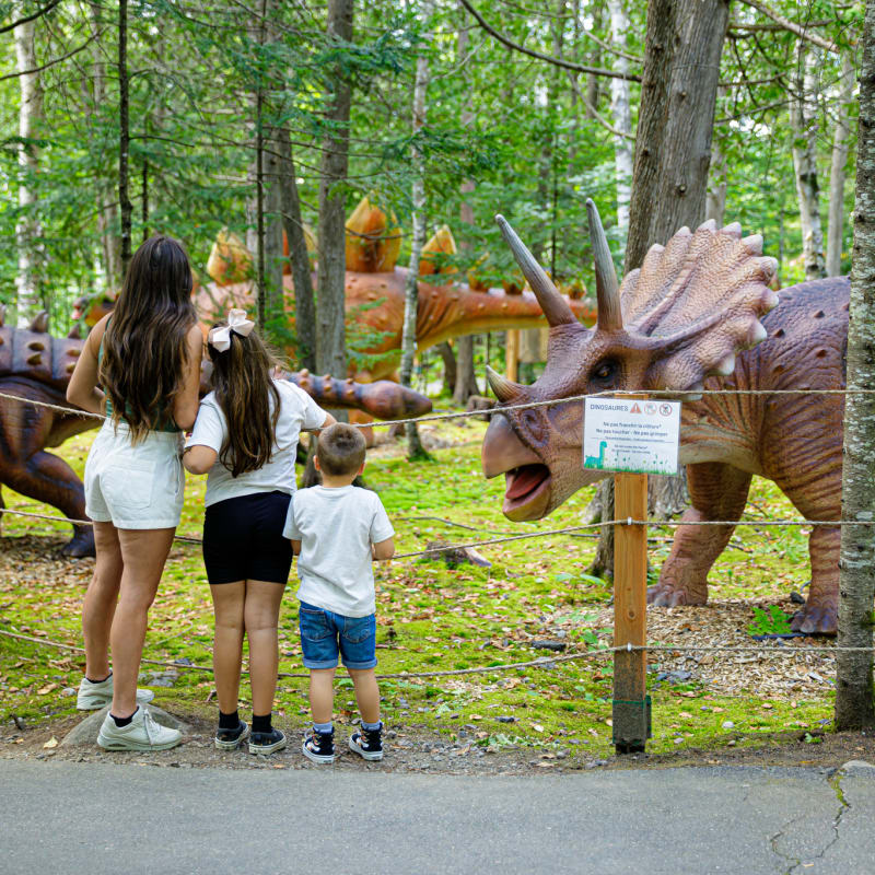 Famille devant des dinosaures grandeur nature