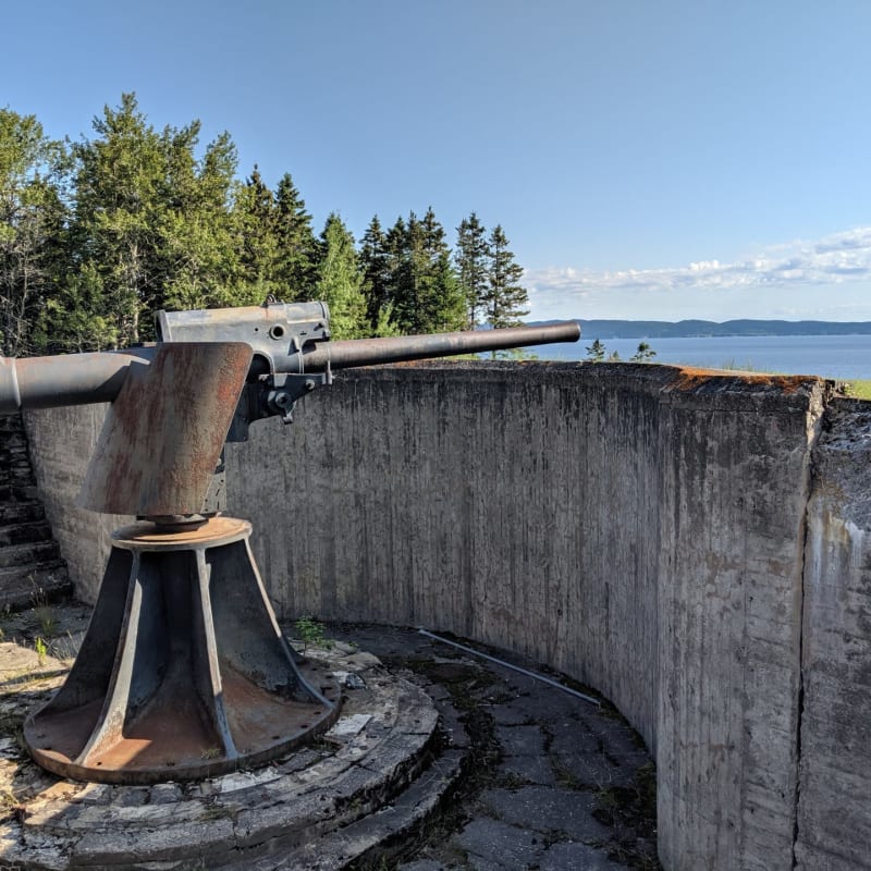 Ancien canon de guerre installé à proximité d'une baie.