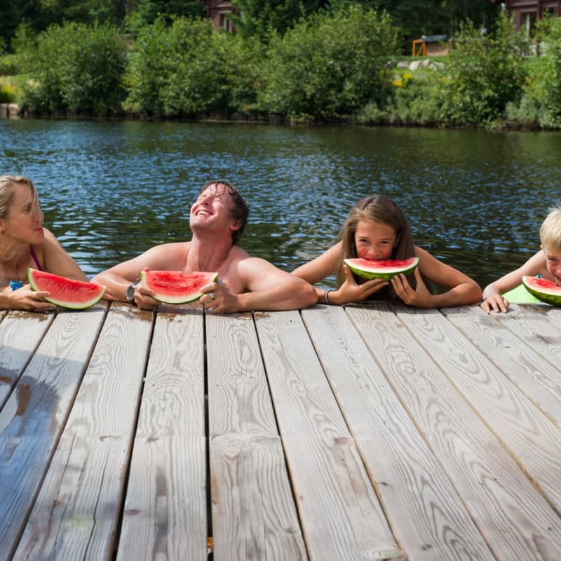 Quatre baigneurs dans l'eau, leurs bras posés sur un quai, en train de manger du melon d'eau.