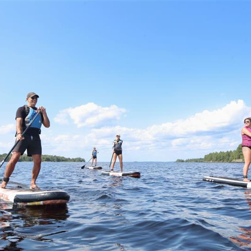 Groupe de personnes sur des planches à pagaie.