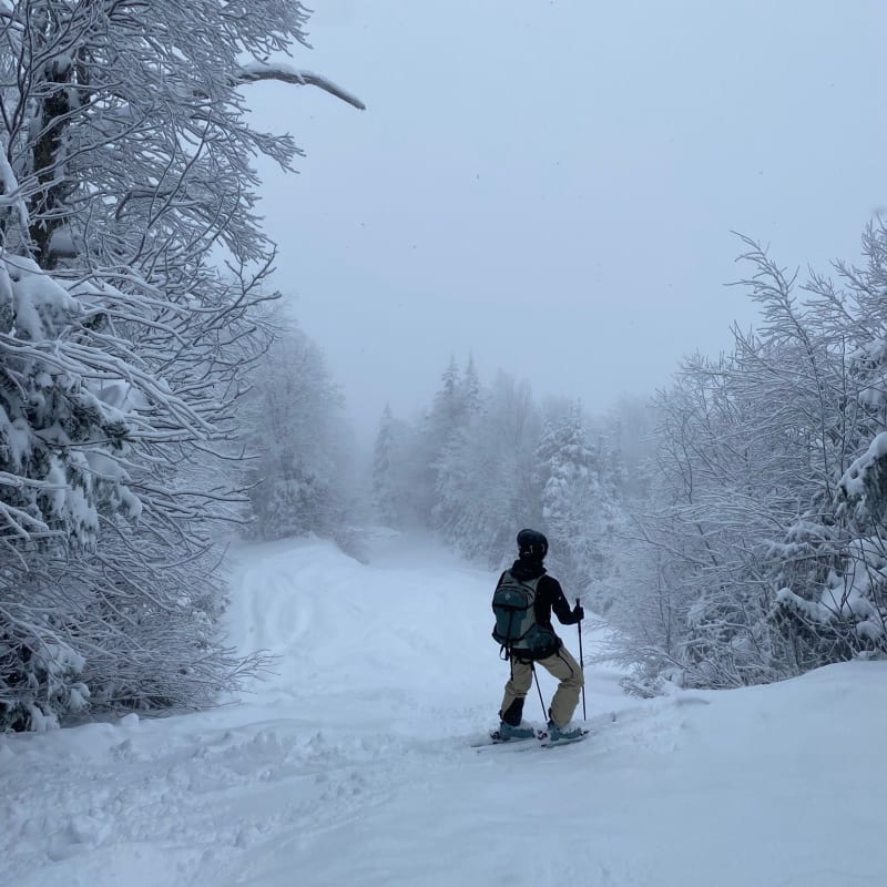 Personne en ski alpin sur une pente très enneigée.
