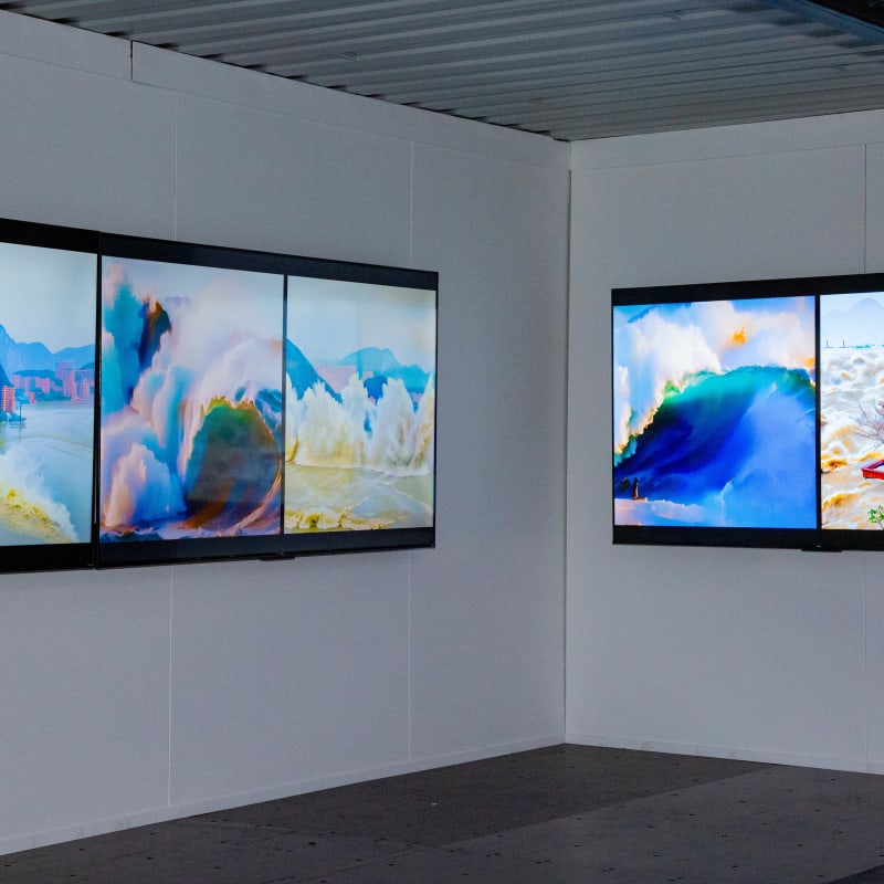 Light-up screens displaying paintings at the MUTEK Festival—“For You I Will Be An Island” by Chun Hua Catherine Dong