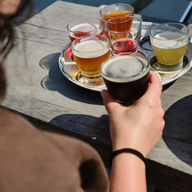 Plateau de dégustation de bières; à l'avant-plan, une personne tient un verre bien rempli.