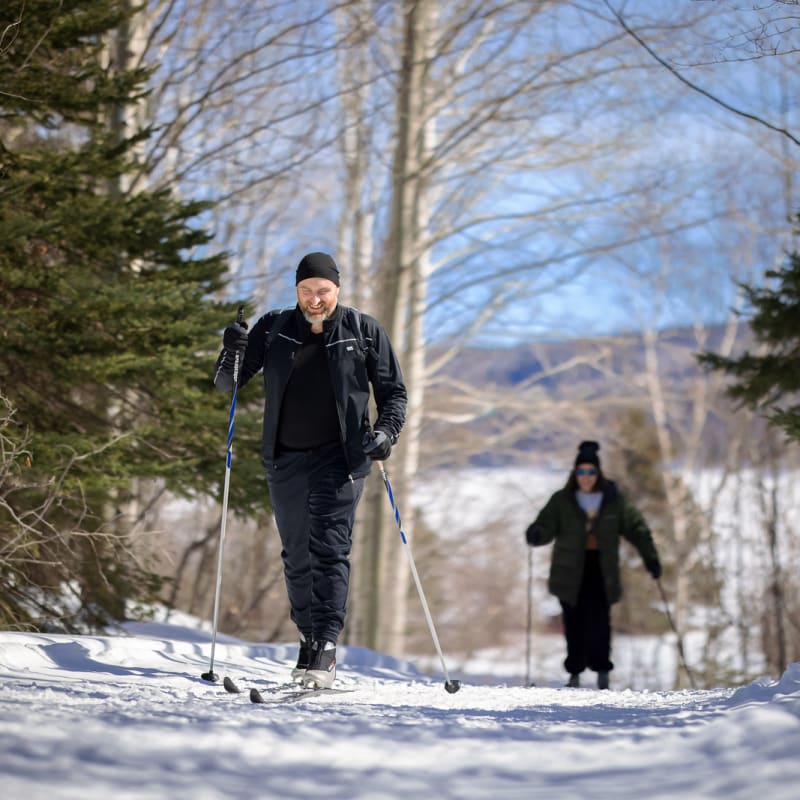 Deux personnes en ski de fond dans une forêt par un temps ensoleillé.