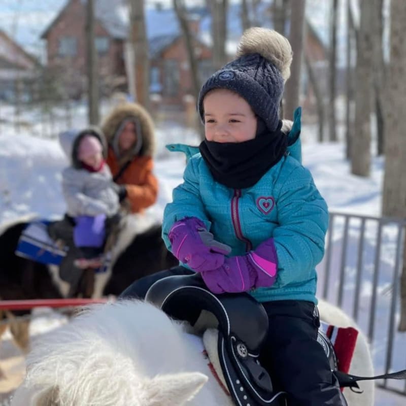Fillette en tour de carrousel en poney. 