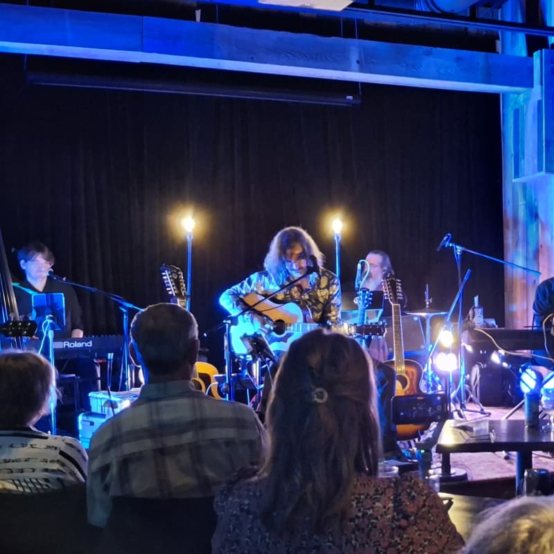Groupe de musiciens en train de donner un spectacle dans une salle intimiste. 