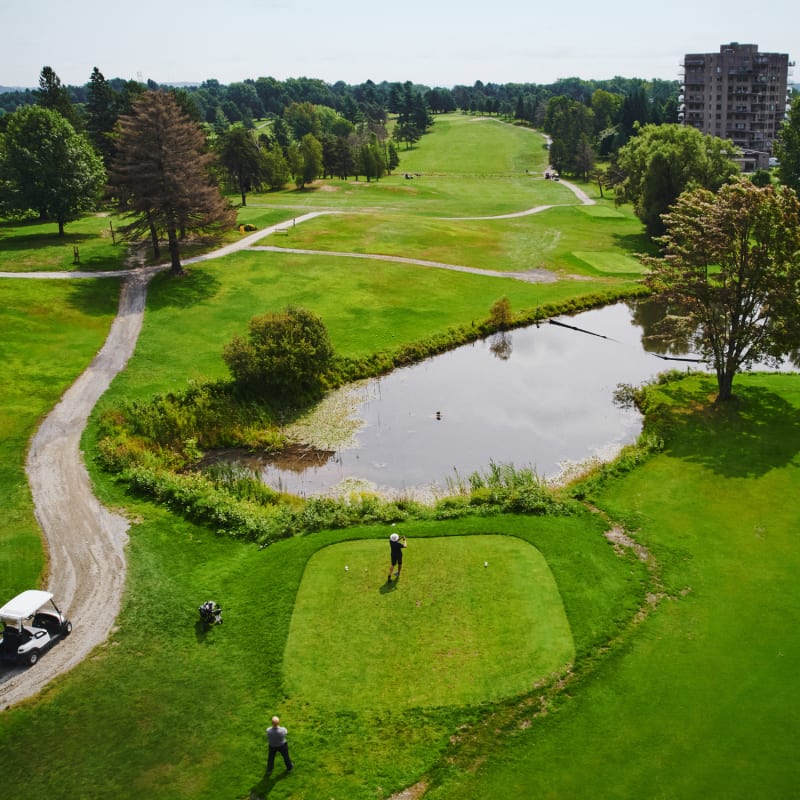 Aerial view of a golf course with a pond, a path and a golf cart.
